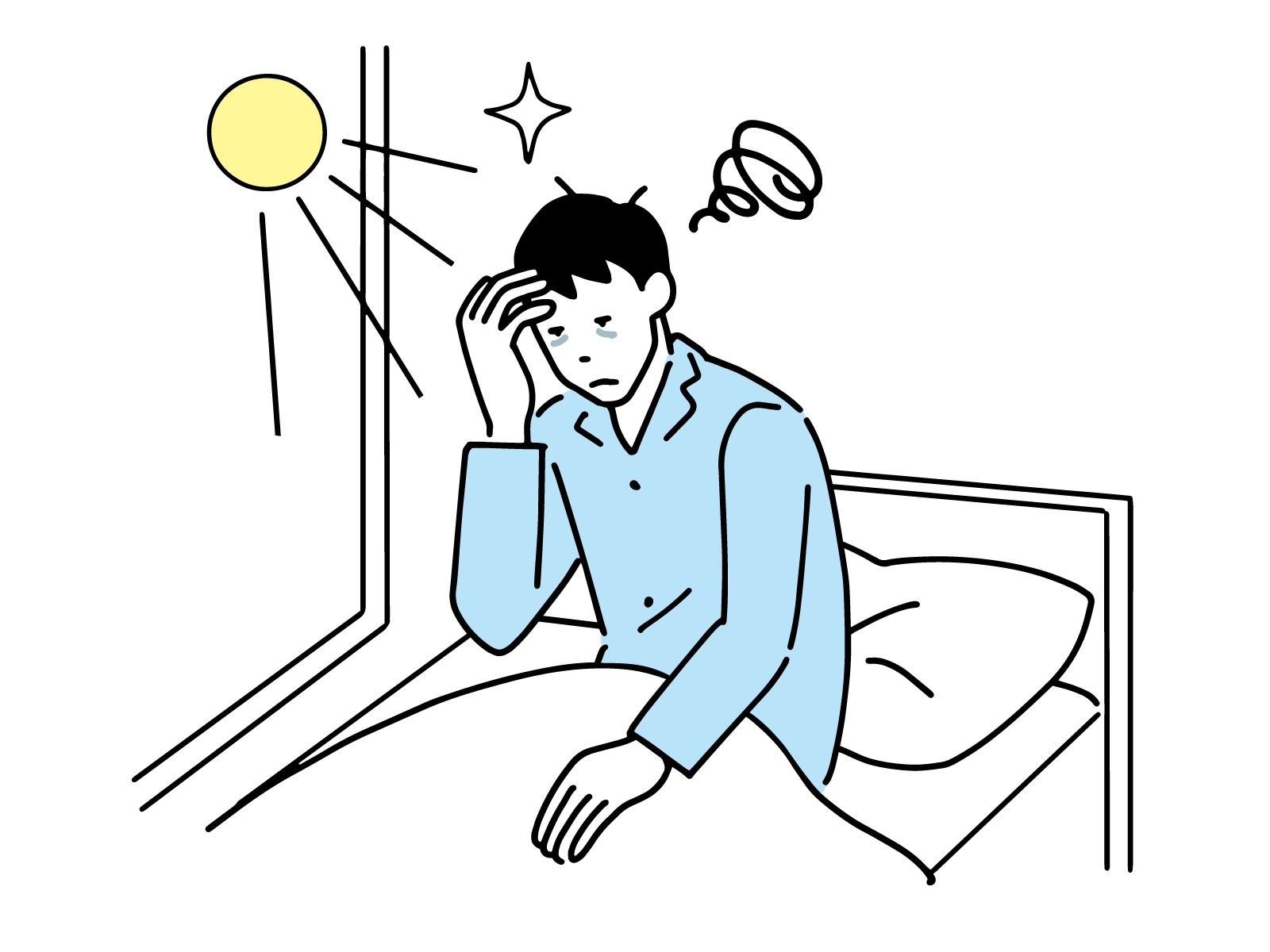 起床時に頭痛がする男性のイラスト