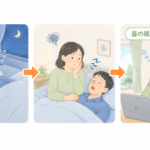 夜のいびきと日中の眠気に悩む人のイラスト