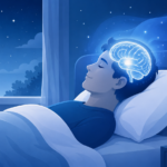 睡眠中の脳をイメージした、睡眠時無呼吸症候群と脳卒中の関係を表すイラスト