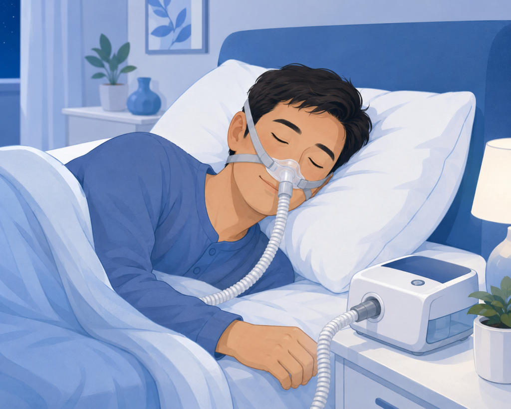 CPAP(持続陽圧呼吸療法)の鼻マスクを装着して眠る人のイラスト