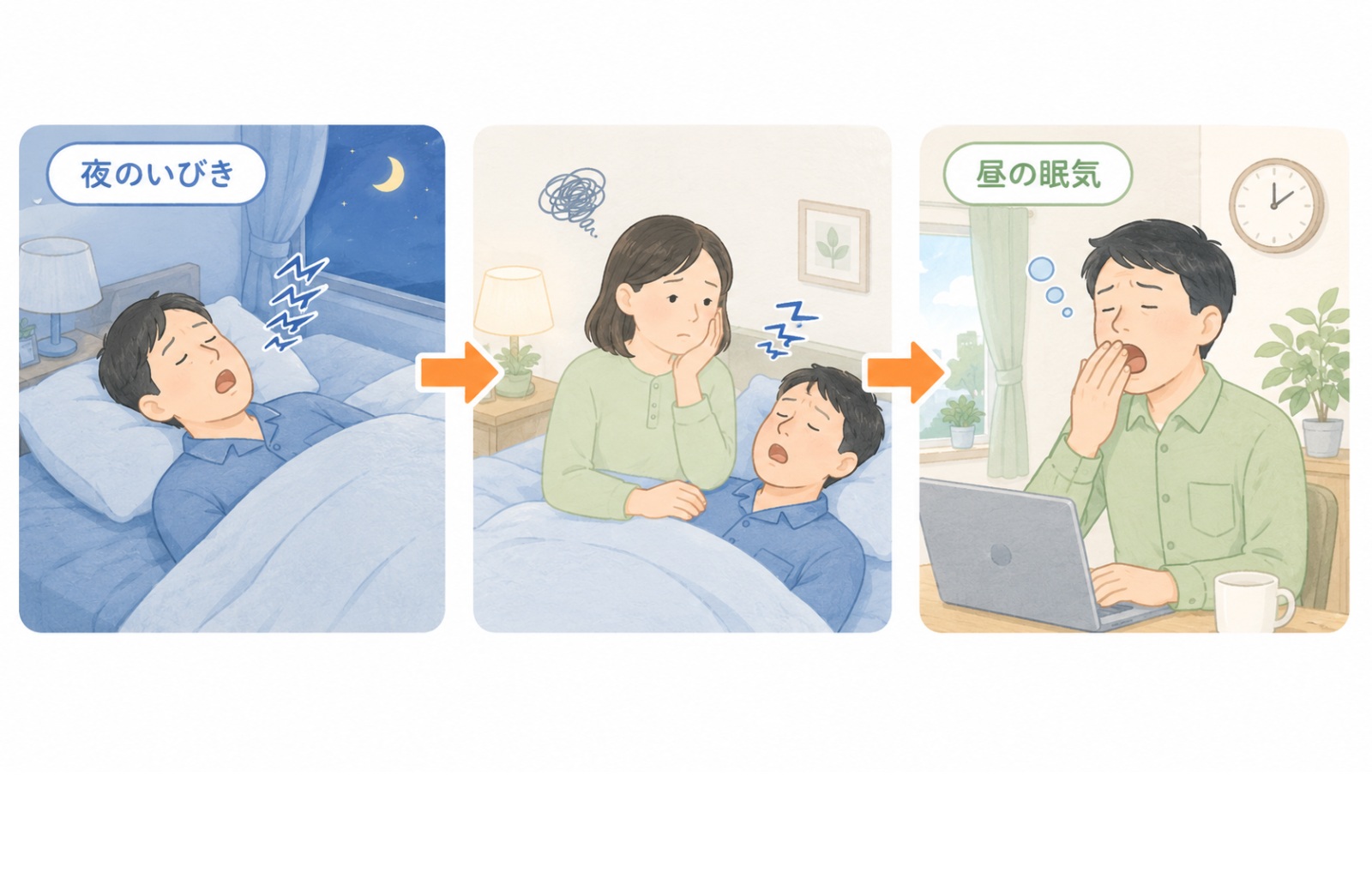 夜のいびきと日中の眠気に悩む人のイラスト