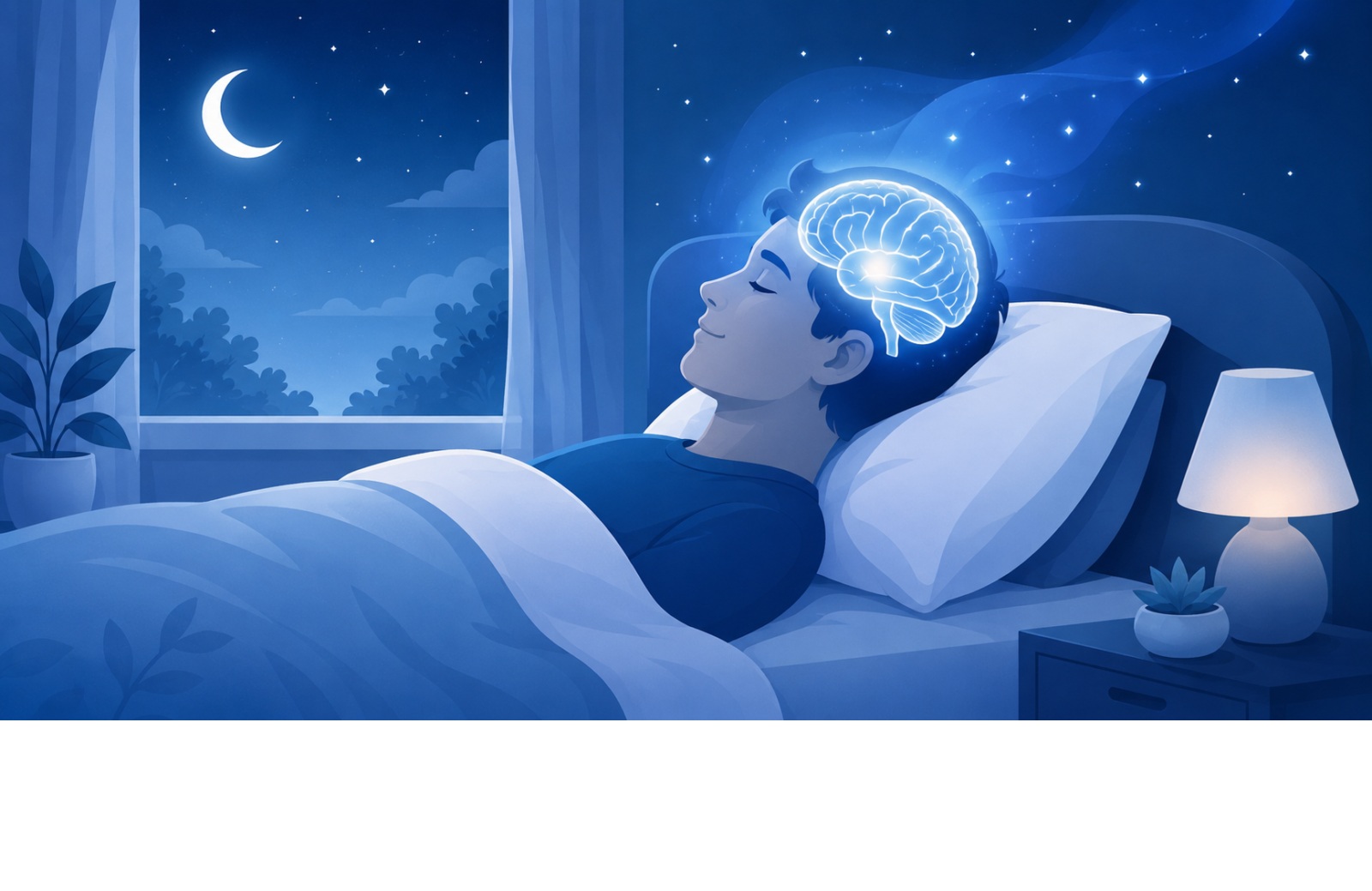 睡眠中の脳をイメージした、睡眠時無呼吸症候群と脳卒中の関係を表すイラスト