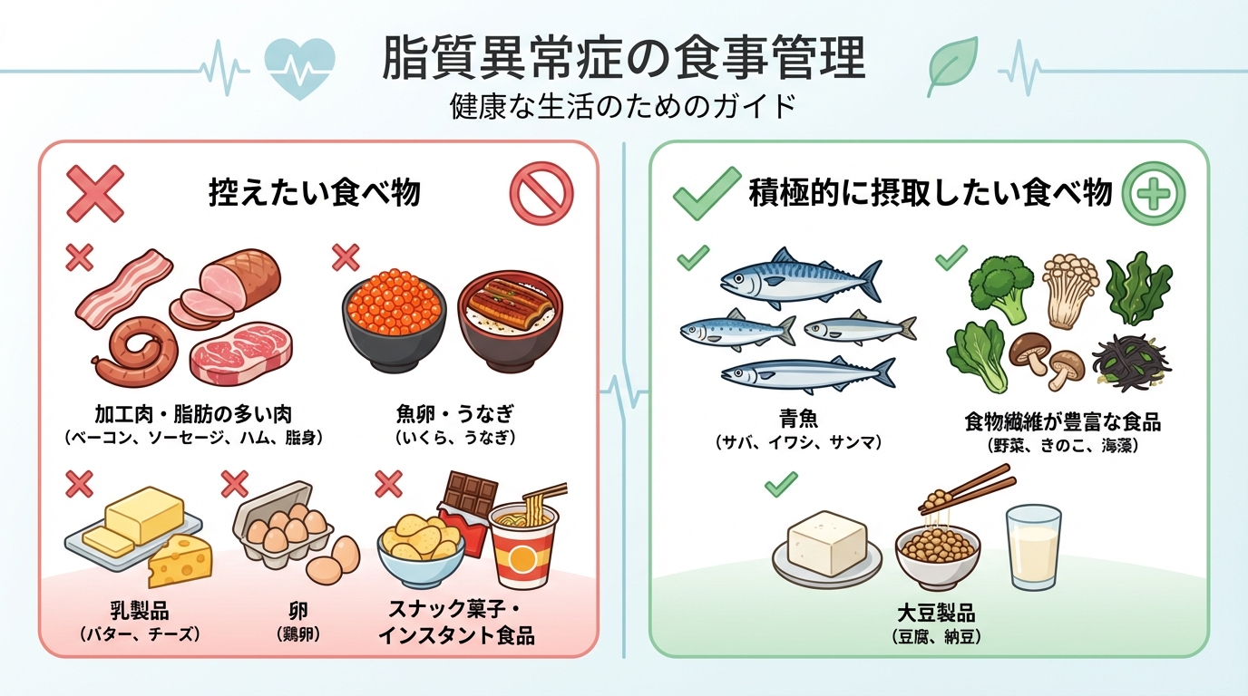 脂質異常症・コレステロールが高い人に、積極的に食べてほしい（コレステロールが下がる）食べ物と、控えてほしい（コレステロールが上がる）食べ物を紹介。
