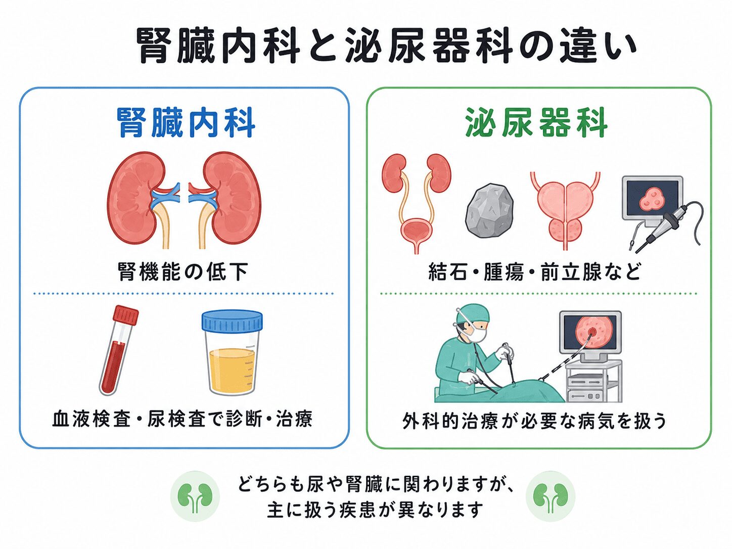 調布市・つつじヶ丘の腎臓内科|尿蛋白・腎機能低下・クレアチニン高値のご相談 7 腎臓内科と泌尿器科の違い(調布市つつじヶ丘駅前内科クリニック)
