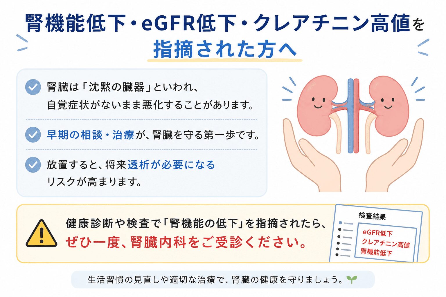 調布市・つつじヶ丘の腎臓内科|尿蛋白・腎機能低下・クレアチニン高値のご相談 3 腎機能低下・eGFR低下・クレアチニン高値を指摘された方へ(調布・三鷹からアクセス良好)