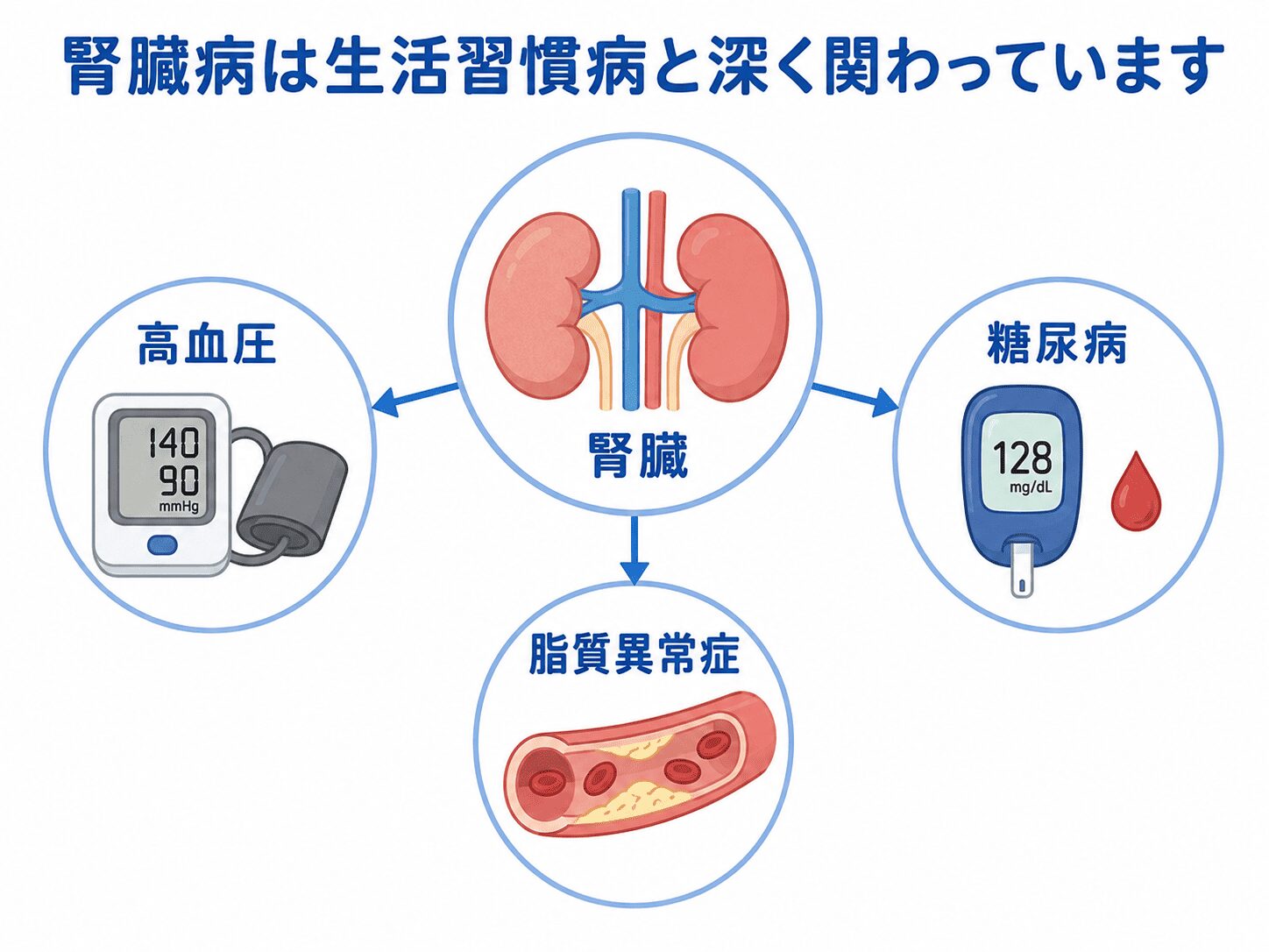 調布市・つつじヶ丘の腎臓内科|尿蛋白・腎機能低下・クレアチニン高値のご相談 4 高血圧と糖尿病と慢性腎臓病の関係