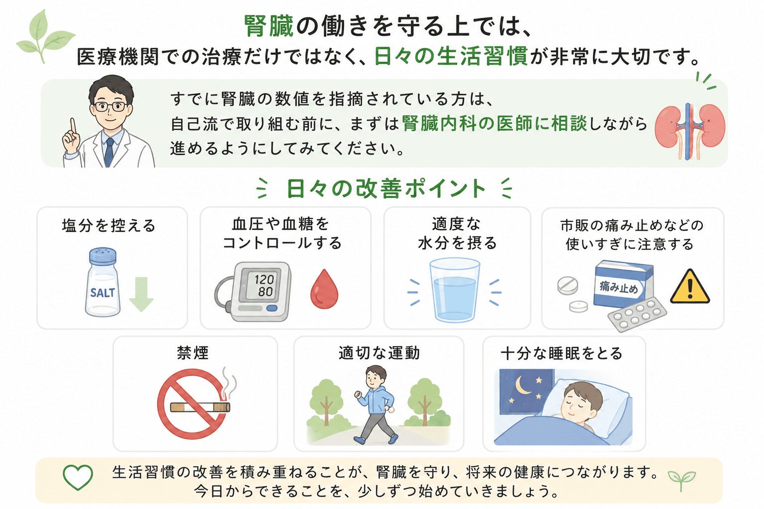 【調布の腎臓内科が解説】腎臓内科と泌尿器科の違いとは?症状別の受診ガイド 3 腎臓を守るためにできること(腎臓内科医師が解説)