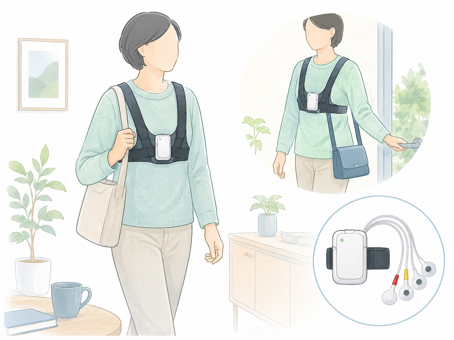 循環器内科の検査について|調布市の循環器内科 3 日常生活のなかで脈の乱れを記録するホルター心電図の装着イメージ