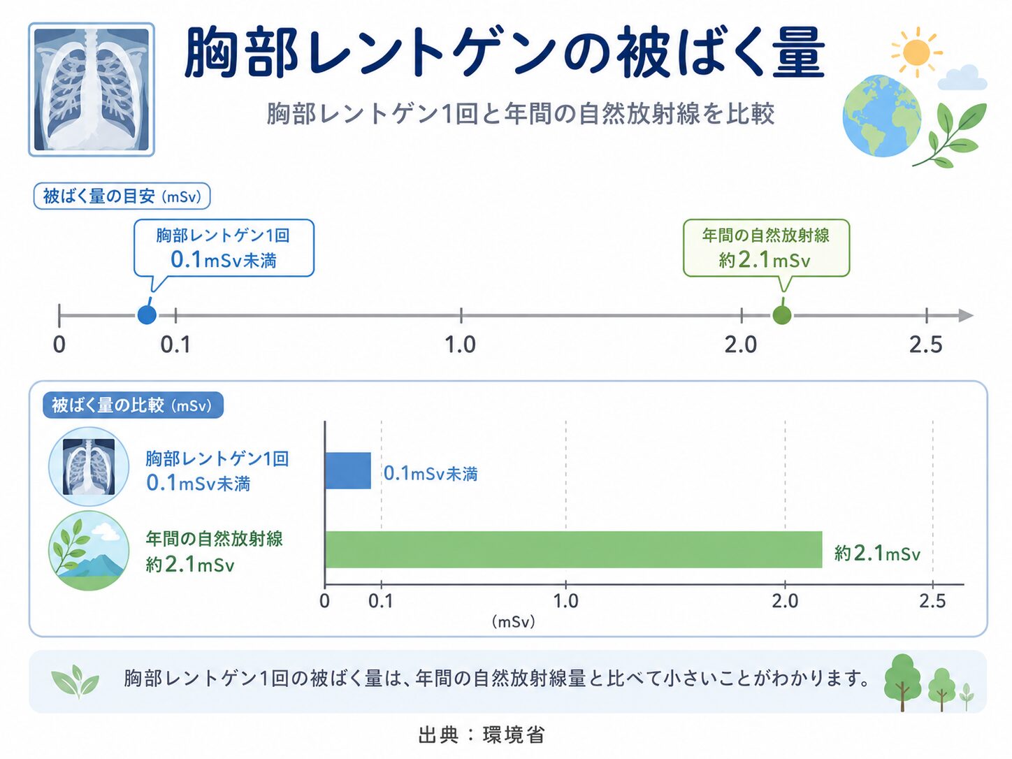 循環器内科の検査について|調布市の循環器内科 5 胸部レントゲン1回の被ばく量と年間自然放射線量を比較した図