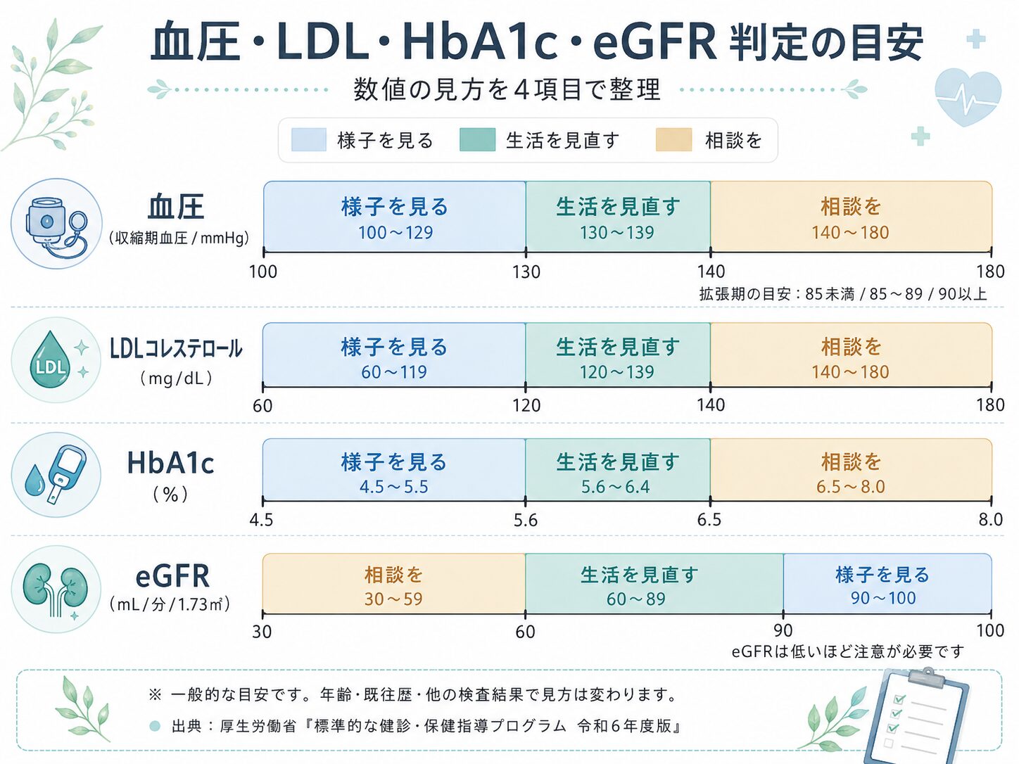 生活習慣病外来 2 血圧・LDLコレステロール・HbA1c・eGFRの判定の目安を示した数直線の図