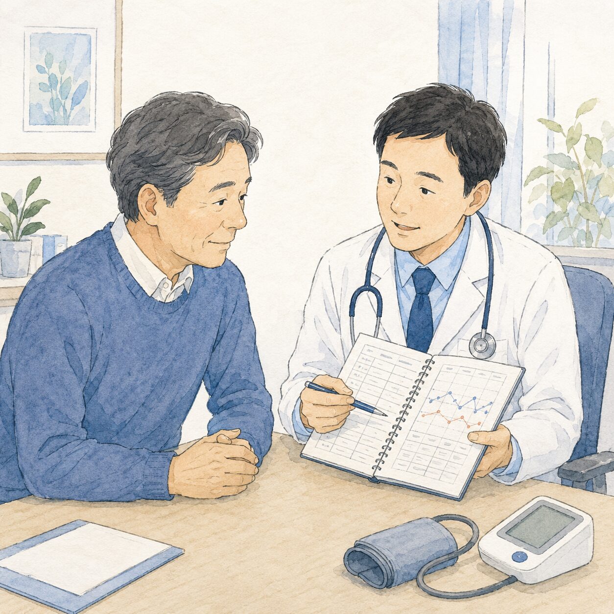 「診察室では正常」でも油断は禁物 ―― 家庭血圧と“かくれ高血圧” 3 家庭血圧の記録をもとに医師に相談する様子のイラスト