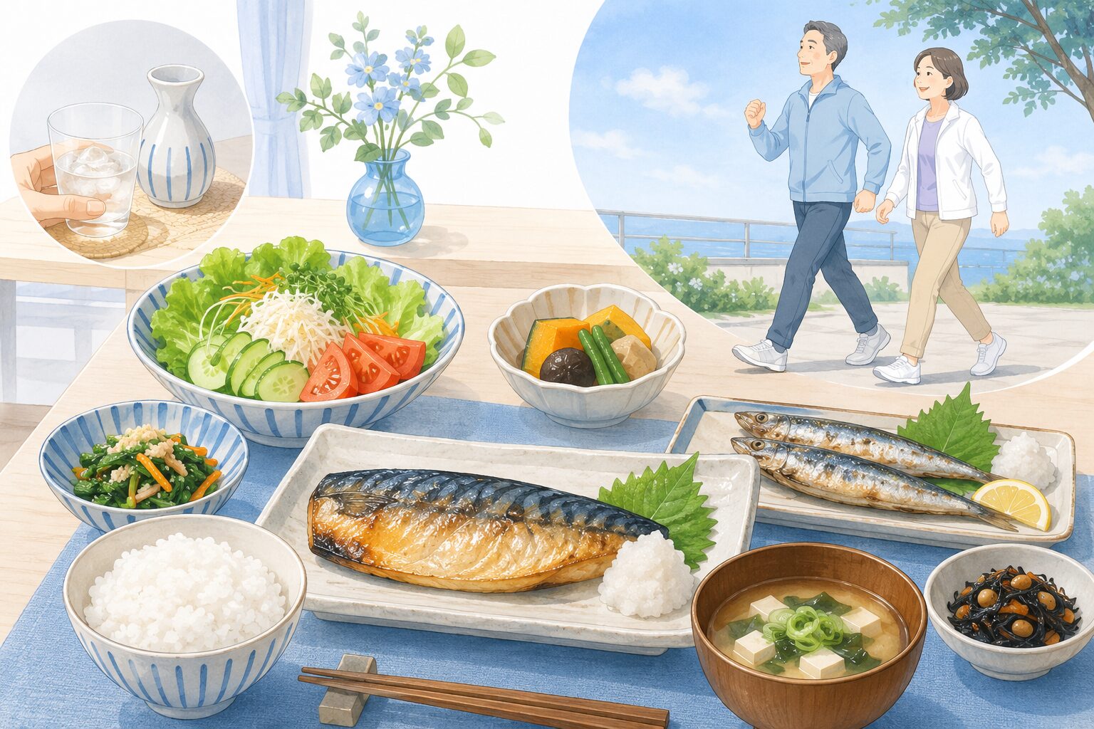 見落とされがちな「中性脂肪」―― コレステロールだけではない脂質異常症 3 青魚や野菜中心の食事・節酒・運動など中性脂肪を下げる工夫を示したイラスト