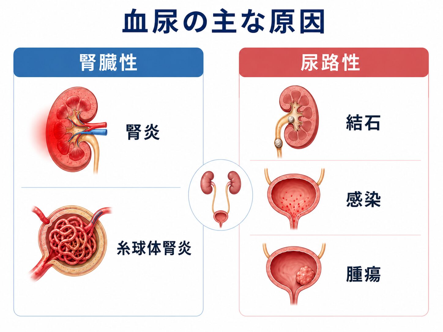 尿潜血・血尿|健診で指摘された方へ|調布市の腎臓内科 2 血尿の主な原因(腎臓性・尿路性)