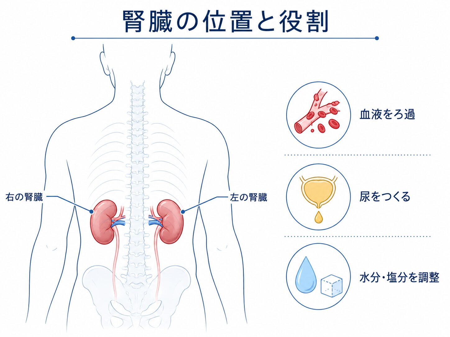 調布市の腎臓内科|慢性腎臓病(CKD)・タンパク尿・血尿・むくみの相談 1 腎臓の位置と働きを示すイラスト