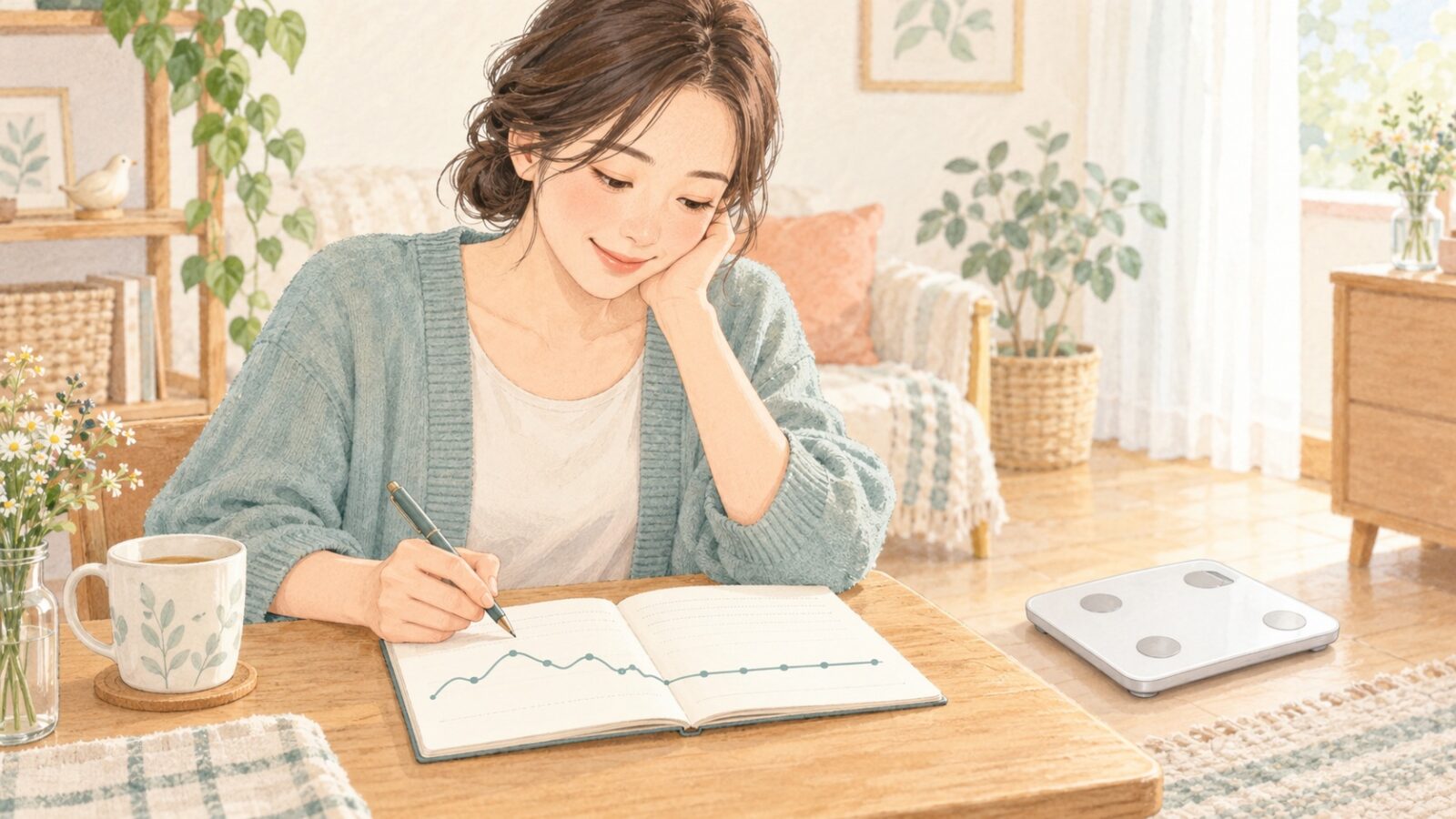 マンジャロを使っても体重が減らない?停滞したときに見直したいポイント 1 体重を記録する女性